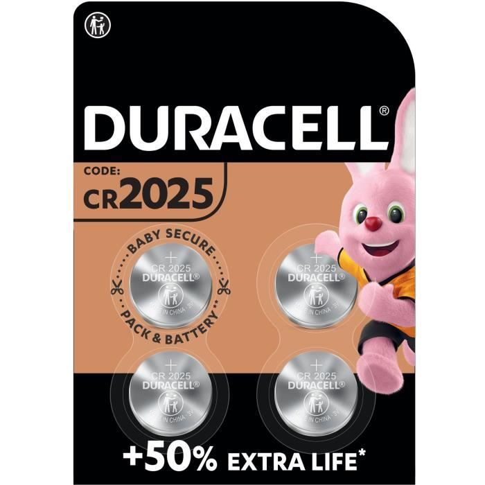 Piles boutons au lithium Duracell spéciales 2025 3V, lot de 4 (DL2025/CR2025)