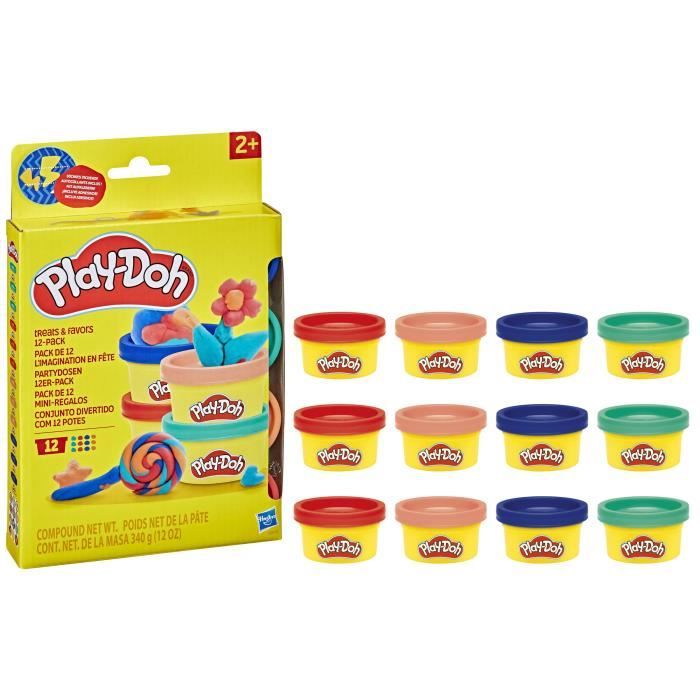 Play-Doh Pack de 12 L'imagination en fete, autocollants et pots de pâte a modeler de 28 g, petits cadeaux, loisirs créatifs pour