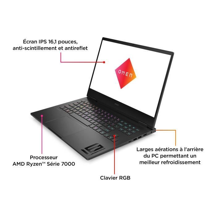 PC Laptop Omen di HP 16 -XD0025NF - 16.1 FHD - Ryzen 7-7840HS - RAM 16GB - 512GB SSD - NVIDIA GEFORCE RTX 4060 8GB VRAM - Freedos