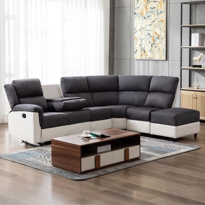 Canapé d'angle 4 places dont 1 relax manuel + 1 pouf rangement - Microfibre - gris - L 304 x P 210 x H 98 cm - GENIUS