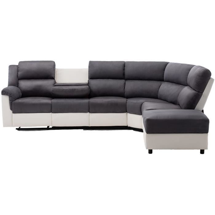Canapé d'angle 4 places dont 1 relax manuel + 1 pouf rangement - Microfibre - gris - L 304 x P 210 x H 98 cm - GENIUS