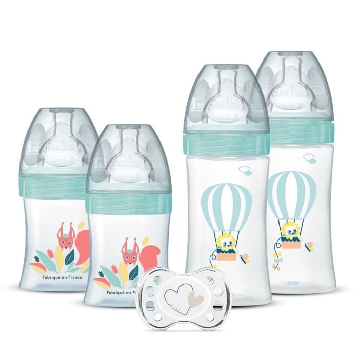 DODIE Set di 4 biberon con tettarella piatta anticolica (2x150 ml e 2x270 ml), + un ciuccio per il parto