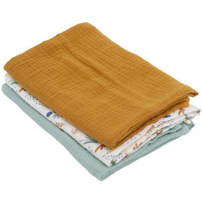 Set of 3 Bamboo swaddles - DOMIVA - 1 Printed + 2 Plain - Caramel green - 60x60 cm