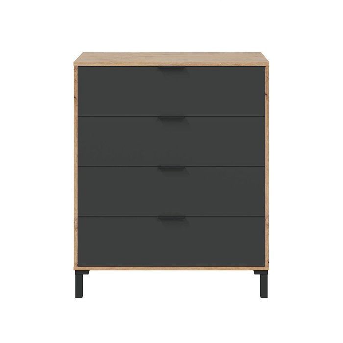 CALICOSY - Cassettiera 4 cassetti con decoro in rovere nodoso e grigio antracite - L77,5 cm - Legno chiaro