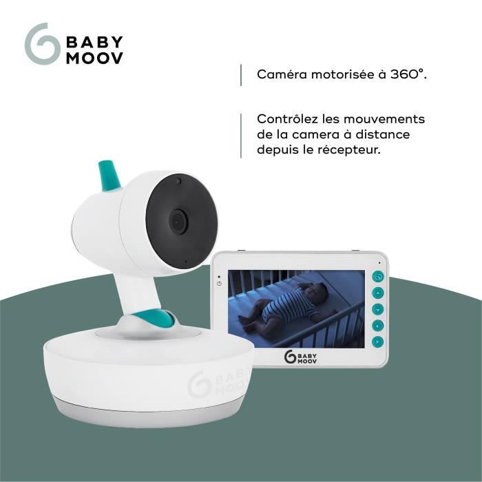 BabymoovYOO Moov Babyphone Vidéo Motorisé avec vue a 360°, Ecran 4,3'' Veilleuse, 5 Berceuses, Mode VOX, Talkie Walkie, Portée 300m
