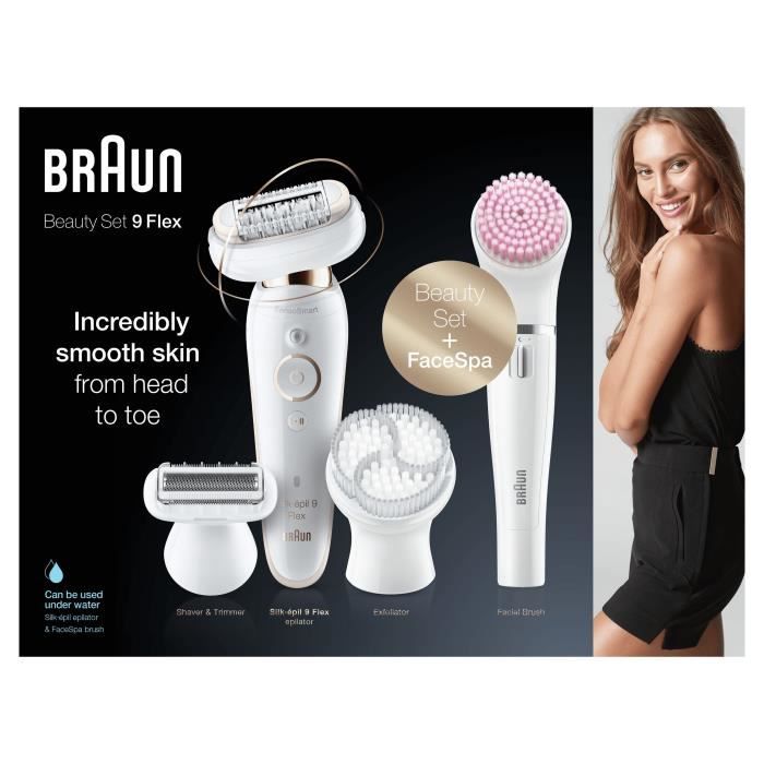 Braun Silk-?pil?9 Coffret Beaut? & Spa Epilateur Electrique Femme Blanc/Dor?, Brosses Exfoliantes, ?ponge Maquillage, 9-100