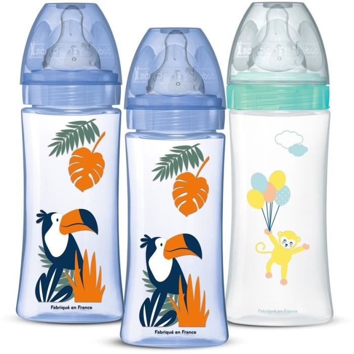 Set di 3 biberon - DODIE - Anti-colica - Tettarella rotonda - 330 ml - +6 mesi - 3 velocità - Portata 3 - Blu e verde
