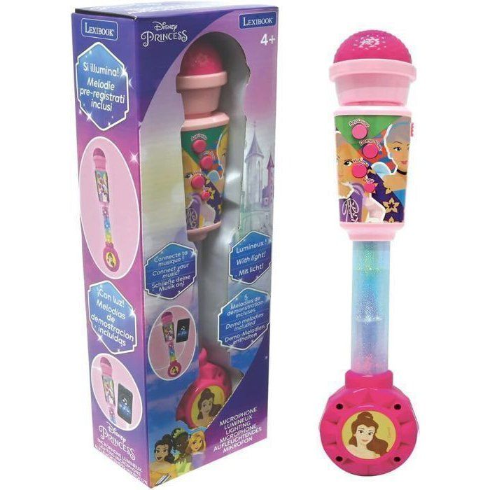 Microphone Princesses Disney avec tube lumineux, enceinte (entr�e auxiliaire), m�lodies et effets sonores