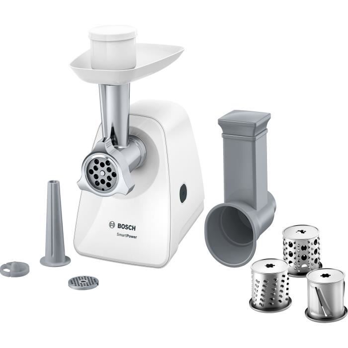 Hachoir a viande - BOSCH - MFW2514W SmartPower - Blanc - moteur bloqu� 1500 W - 1,7 kg/mn - 2 grilles de hachoir - r�peur/�minceur