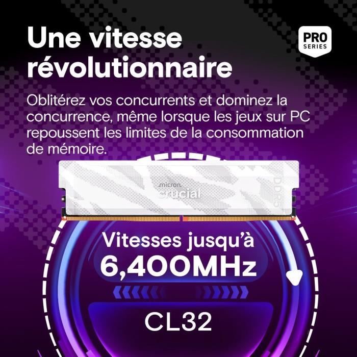 Image secondaire de Kit Mémoire Gamer Crucial Pro OC 32 Go DDR5-6400 avec Dissipateur Thermique Blanc