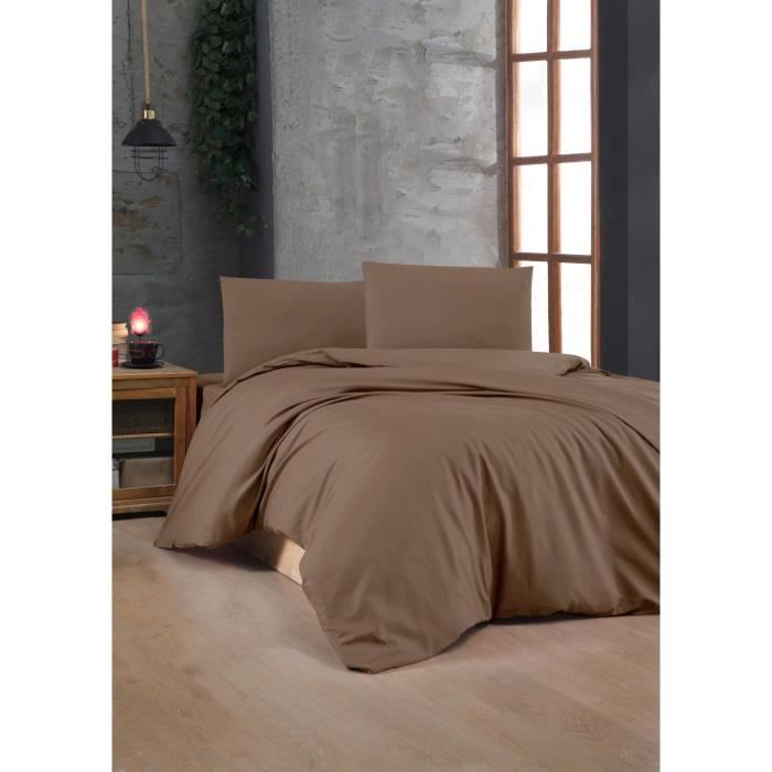 Parure de lit - 1 housse de couette 220 x 240 cm + 2 taies d'oreiller 60 x 60 cm - 100% coton renforcé - Brun