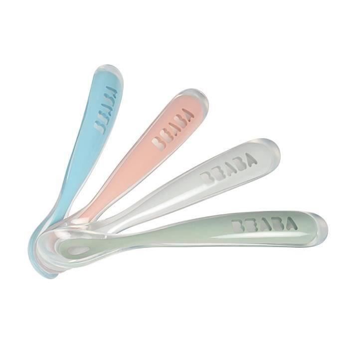 BEABA Set di 4 cucchiai in silicone di prima età (blu ventoso + verde eucalipto + nebbia leggera + rosa antico)