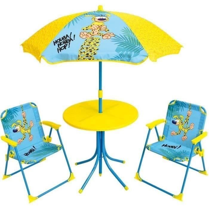 MARSUPILAMI Mobili da giardino per bambini comprensivi di 1 tavolo, 2 sedie pieghevoli e 1 ombrellone