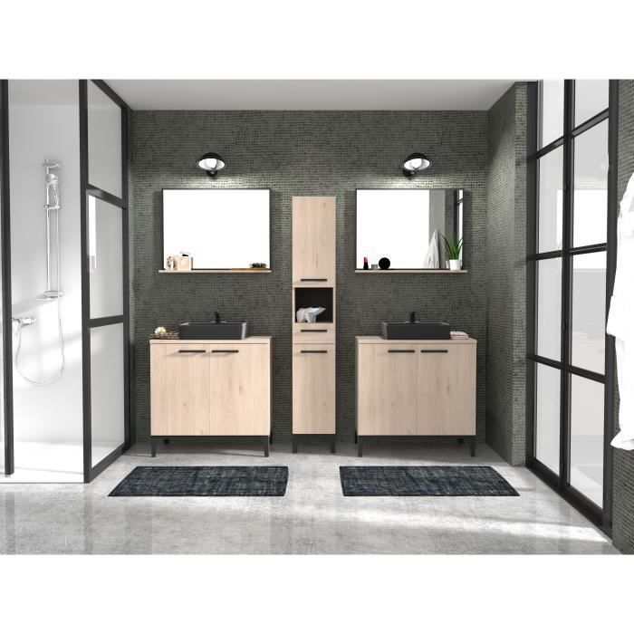 Meuble bas de salle de bain BROOK - Décor chene jackson - 2 portes - Miroir + tablette - L 80 x P 46 x H 80 cm