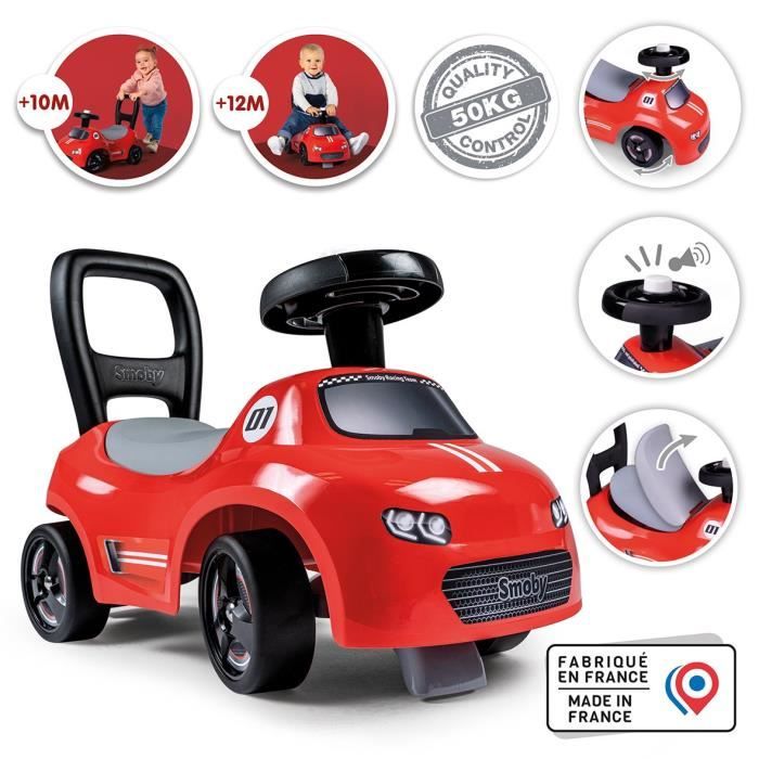 Smoby - 2 in 1 child carrier - Red car - Underseat storage + horn - From 10 months - Made in France