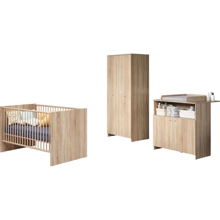 Chambre bébé trio NIKO - Lit 70x140 cm + Commode a langer 2 portes + Armoire 2 portes - Décor chene naturel - TRENDTEAM