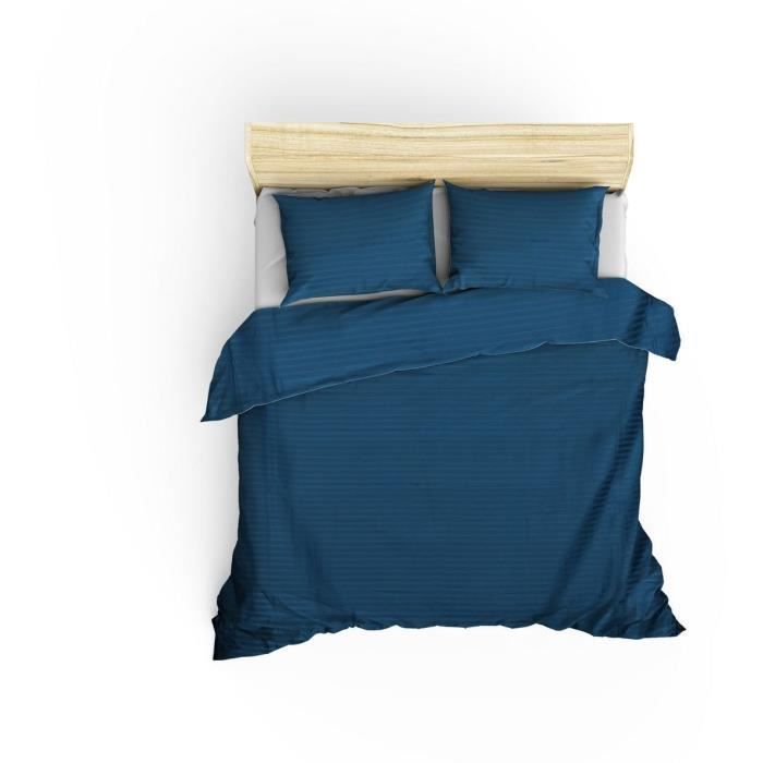Image secondaire de Parure de lit - 1 housse de couette 220 x 240 cm + 2 taies d'oreiller 60 x 60 cm - Satiné 100% coton - Bleu