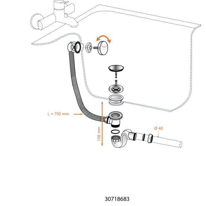 WIRQUIN Vidage de baignoire a câble L700 - Siphon cobra en ABS