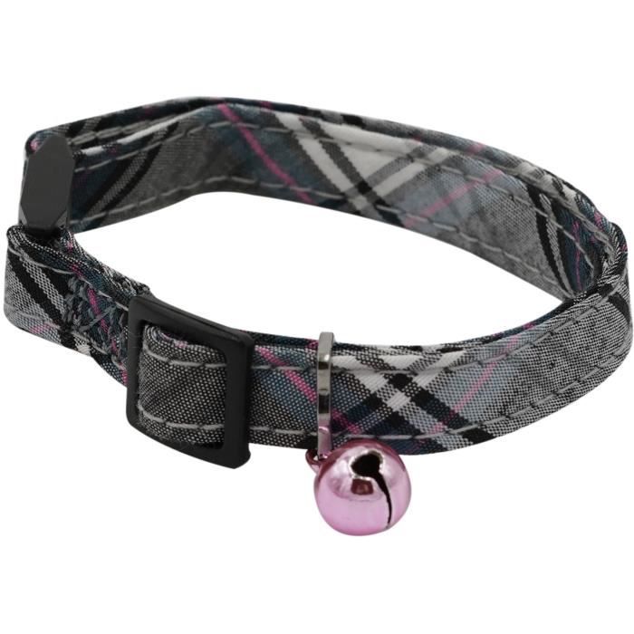 Image secondaire de Collier pour chat - AIME - Tartan rose - Jean bleu, fleur caramel, grelot doré