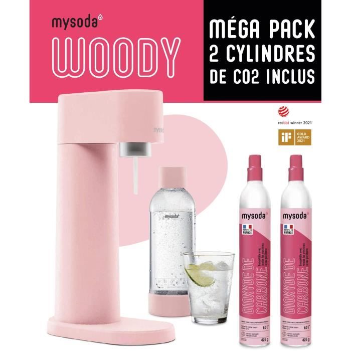 MYSODA P2C-WD002F-LP - Pack Machine a eau pétillante Woody Pink -  2 cylindres de CO2 60L inclus 1 - bouteille 1L de gazéification