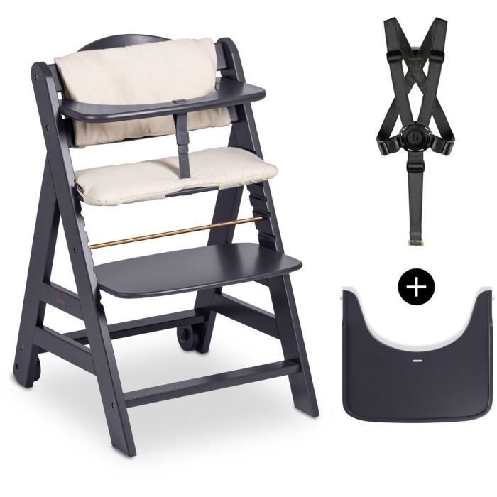 Chaise haute - HAUCK - BETA+ - Evolutive - De 6 mois a 90 kg - Bois FSC - Harnais 5 points - Roulettes - Gris