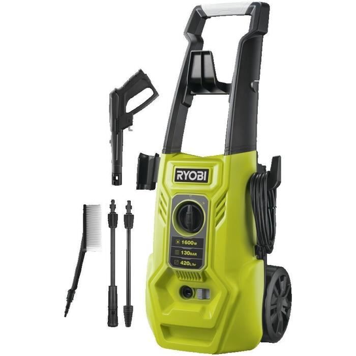 RYOBI - Nettoyeur haute pression 1600 W 130 bars - 420 L - flexible 5m, réservoir 0,9L + lances vario & turbo et brosse - RY130P