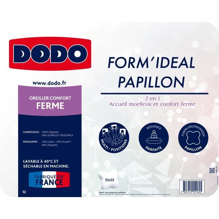 DODO - Oreiller Form'idéal Papillon - 55 x 55 cm - Garnissage 100% polyester thermolite résilience - Blanc - DODO