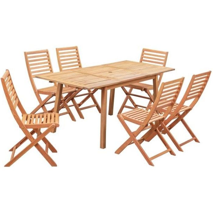 Ensemble repas de jardin 4-6 personnes - Eucalyptus FSC - Table extensible 120/180 x 80 cm + 6 chaises pliantes