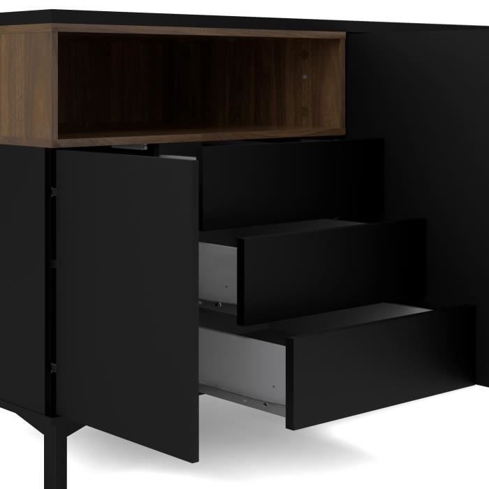 Buffet - Noir mât et ton bois noyer - Style scandinave - 3 portes - VIBORG - L 175,7 x P 48,3 x H 89,8 cm