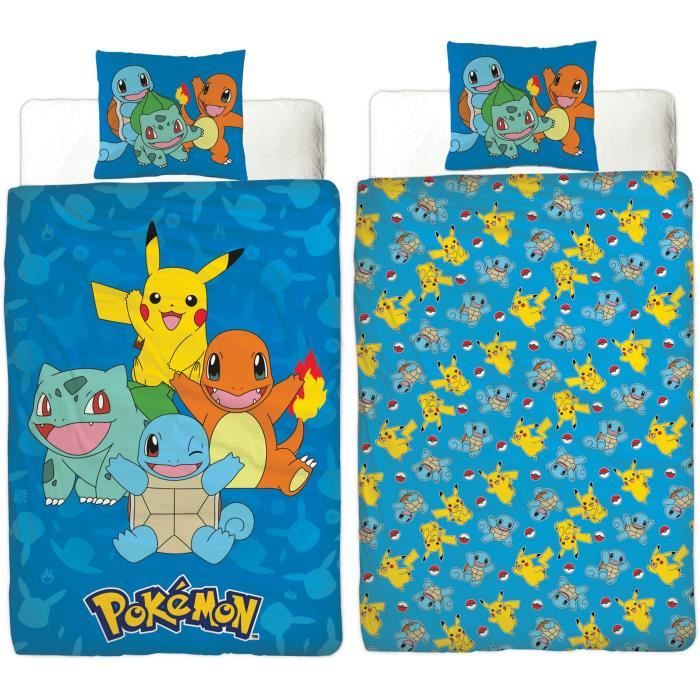 Parure de lit réversible - POKEMON - Pikachu et Starter 1G II - Microfibre - 1 housse de couette 140 x 200 cm + 1 taie 63 x 63 c