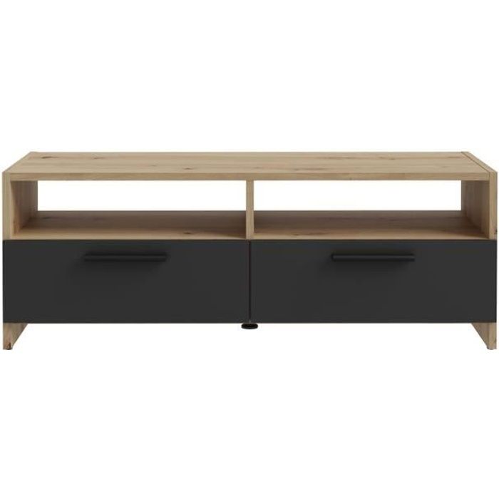 PILVI TV cabinet - Contemporary style - Oak and Black decor - 2 flaps + 2 niches - L 95 x D 36 x H 34.5 cm