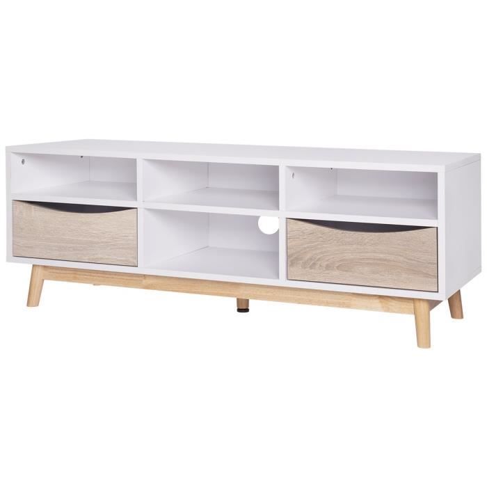 MARS Meuble TV - Style scandinave - Blanc / chene - L 116 x P 40 x H 42 cm