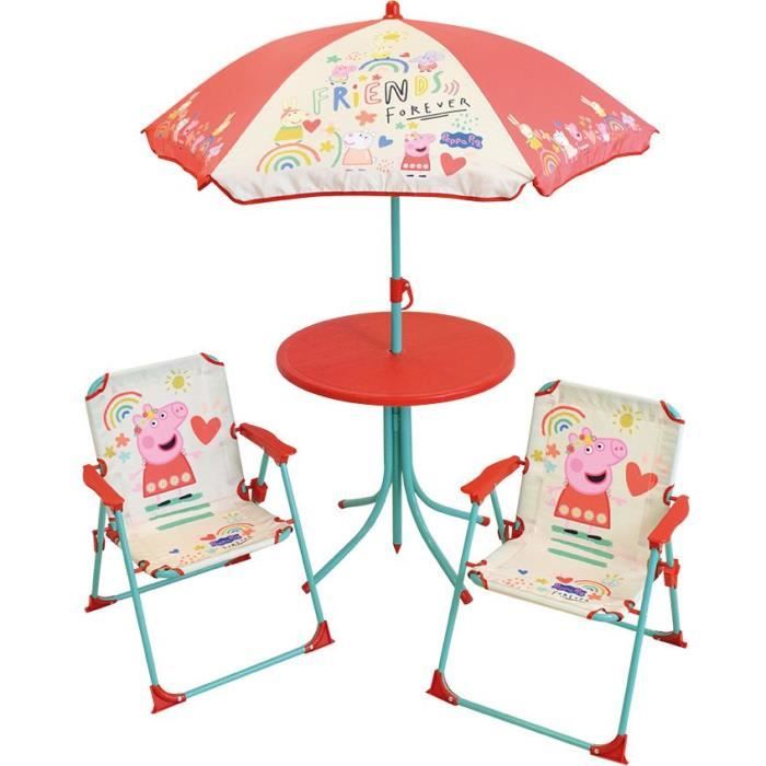 FUN HOUSE Peppa Pig Salon de jardin - 1 table H.46xø46cm, 2 chaises H.53xl.38,5xP.37,5 cm et 1 parasol H.125 x ø100 cm - Pour enfant