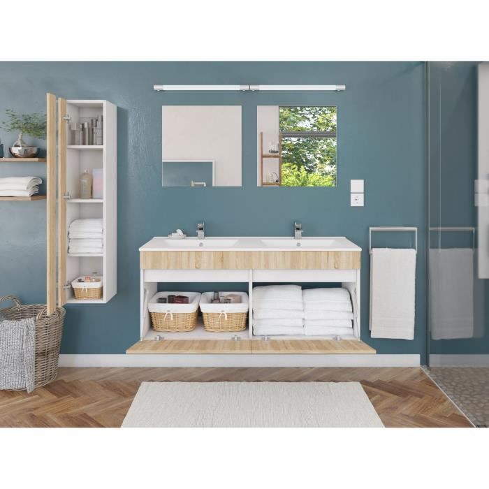 ALBAN Salle de Bain complete L 120cm - Meuble + Vasque + Colonne vitrée - Décor chene Sonoma