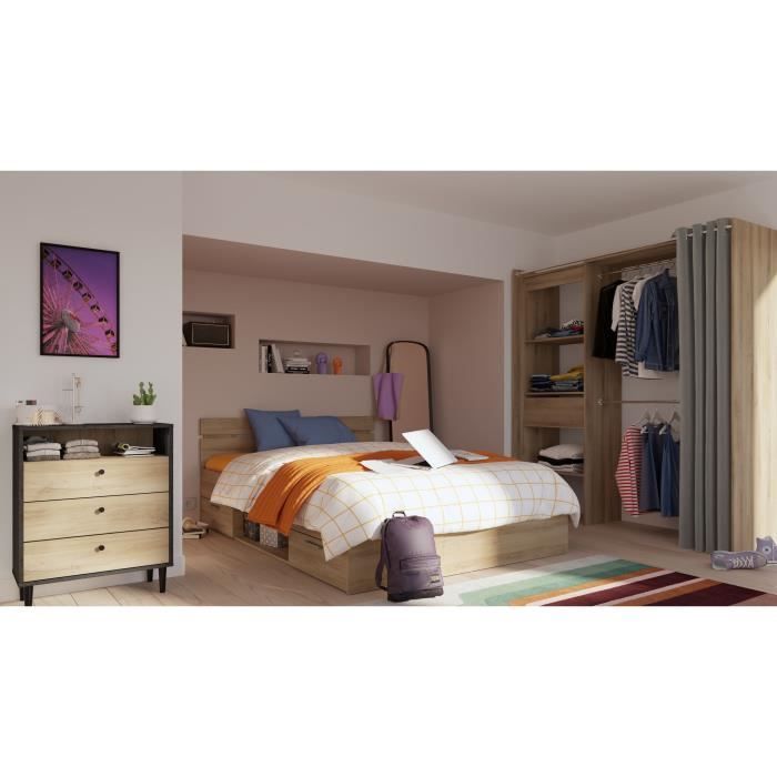 Image secondaire de Lit adulte Michigan en chêne brossé avec rangements intégrés - 160 x 200 cm