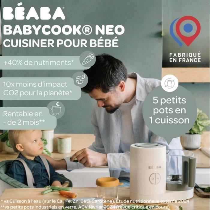 BEABA Babycook Neo - Robot culinaire bébé multifonction 4en1 - Cuit a la vapeur, mixe, décongele, réchauffe - Blanc