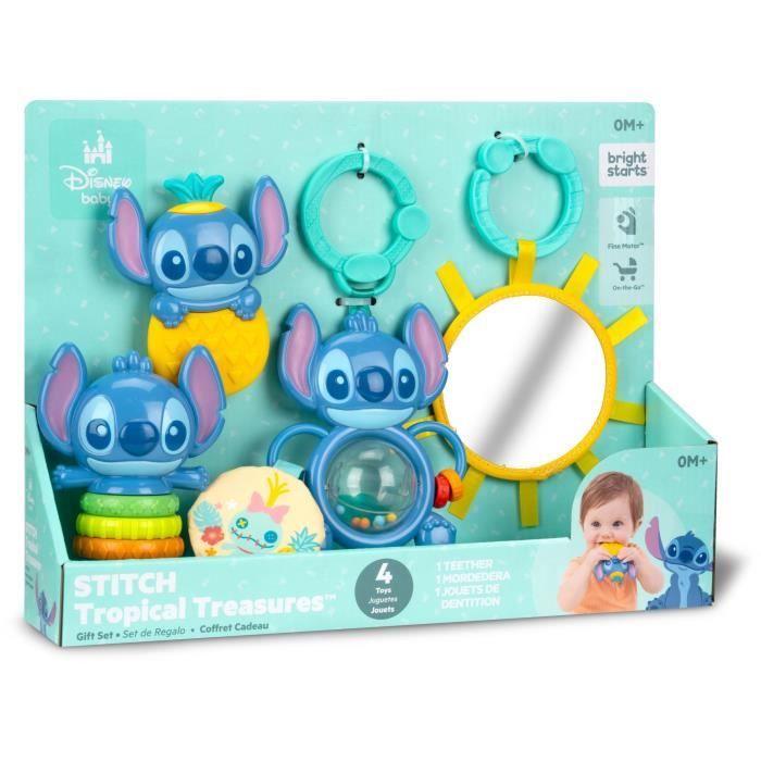 DISNEY BABY - STITCH - Coffret Cadeau Naissance - 4 jouets nouveau-né, Hochet, Anneau de dentition, Jouets multisensoriels