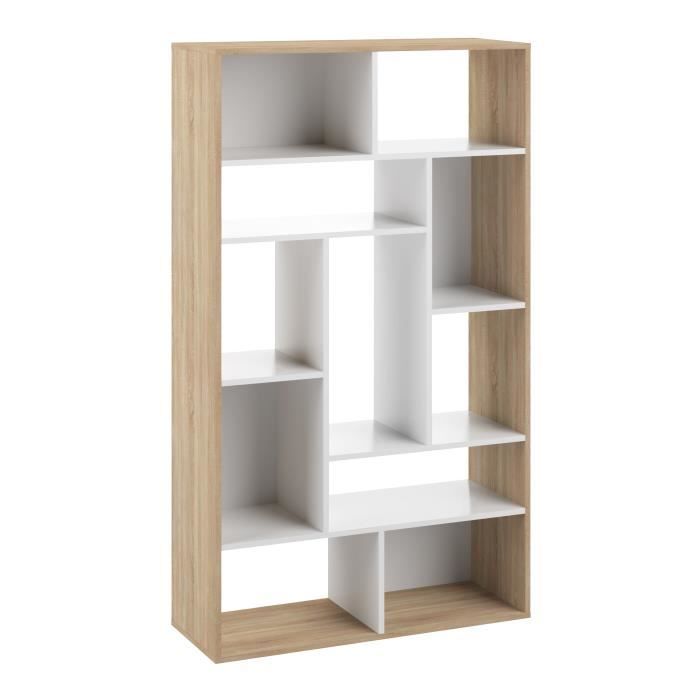 Bibliotheque SEOUL - Décor chene et blanc - 11 niches - L 91 x P 33x H 163 cm - TEMAHOME