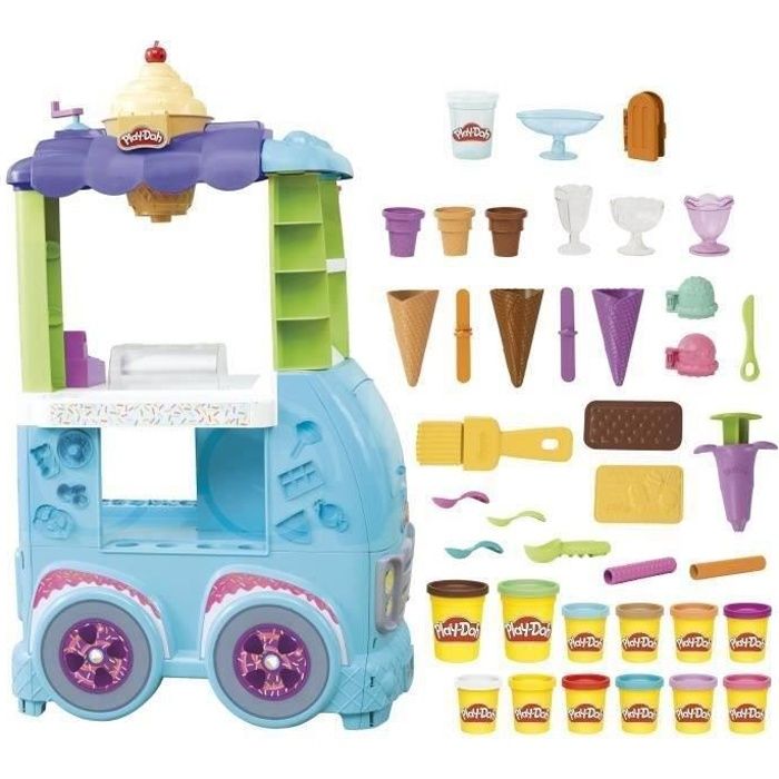 Play-Doh Camion de glace géant, inclut 27 accessoires, 12 pots de pâte a modeler, sons réalistes