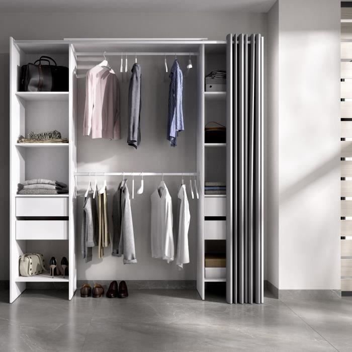 SUIT Dressing extensible avec rideau + 4 tiroirs - Décor Blanc - L 180-113 x P 50 x H 205 cm