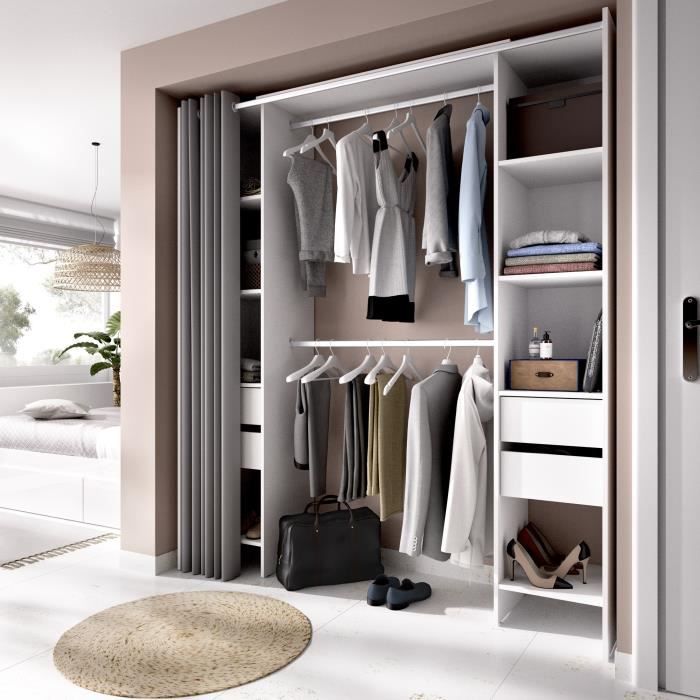 SUIT Dressing extensible avec rideau + 4 tiroirs - Décor Blanc - L 180-113 x P 50 x H 205 cm
