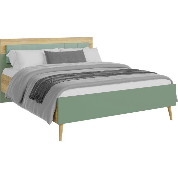 Image secondaire de Lit double adulte WHENUA 140x200 cm en tissu vert sauge et chêne