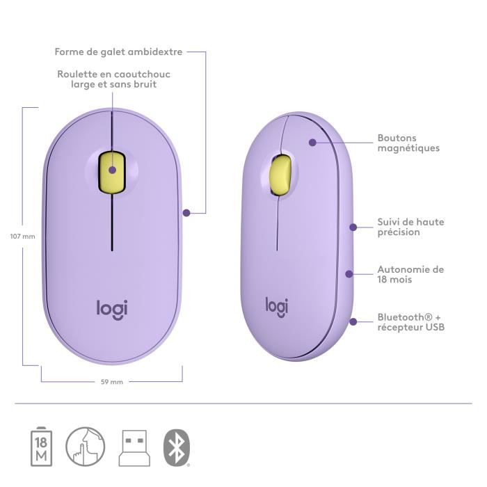 Logitech - Souris sans fil M350 avec Bluetooth - Lavender Lemonade