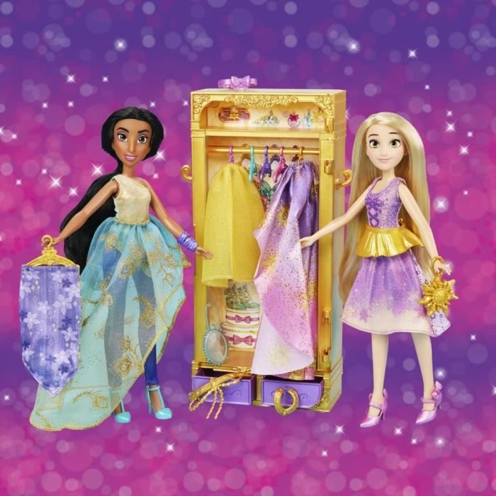 Disney Princesses Le dressing de Jasmine et Raiponce, armoire avec tenues pour poupées, jouet pour enfants, des 3 ans