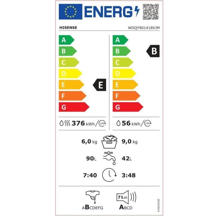 Lave-linge séchant HISENSE WDQY901418VJM - Induction - Lavage 9 kg /séchage 6 kg - L60 cm - 1400 trs/min - Blanc