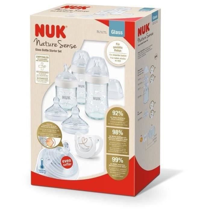 NUK Nature Sense Coffret de biberons en verre, 0-6 mois, 3 biberons, 2 tétines, Sucette Genius, Blanc, 6 unités