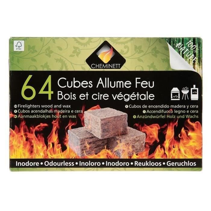 CHEMINETT Allume feu cubes Bois 100% d'origine végétale FSC - 64 cubes - double plaque prédécoupée