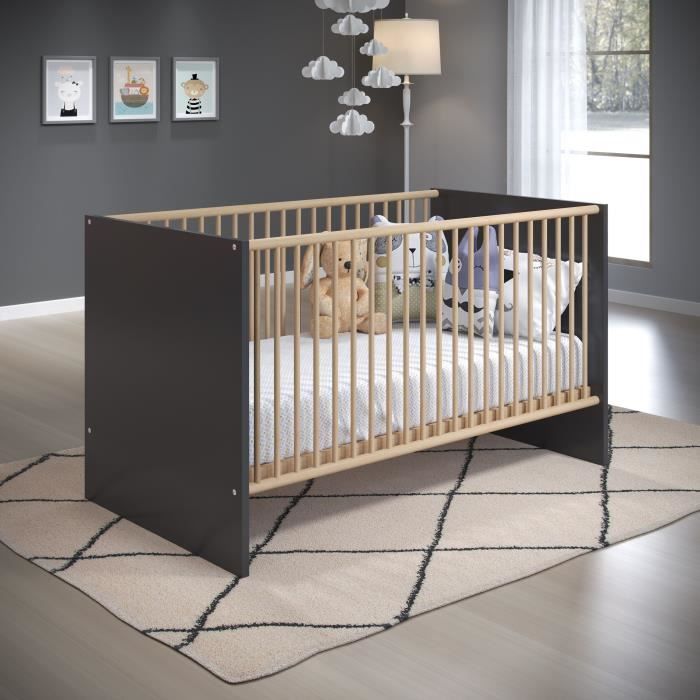 Chambre bébé trio MATS COLOR personnalisable - Lit 70x140 cm + Commode 2 portes + Armoire - Décor anthracite et blanc mat - TRENDTEA
