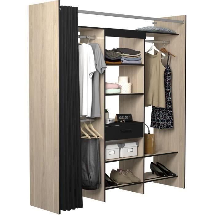 EKIPA Dressing avec rideau - 1 colonne + 1 tiroir + 6 étageres + 3 penderies - Chene dakota noir - L 184 x P 50 x H 203 cm - VICTOR