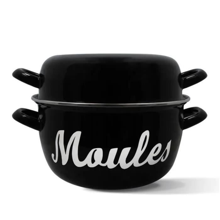 Pentola per cozze - MENASTYL - 3645564 - Acciaio smaltato - Nero - 24 cm - Con scritta - Tutti i piani cottura, inclusa induzione